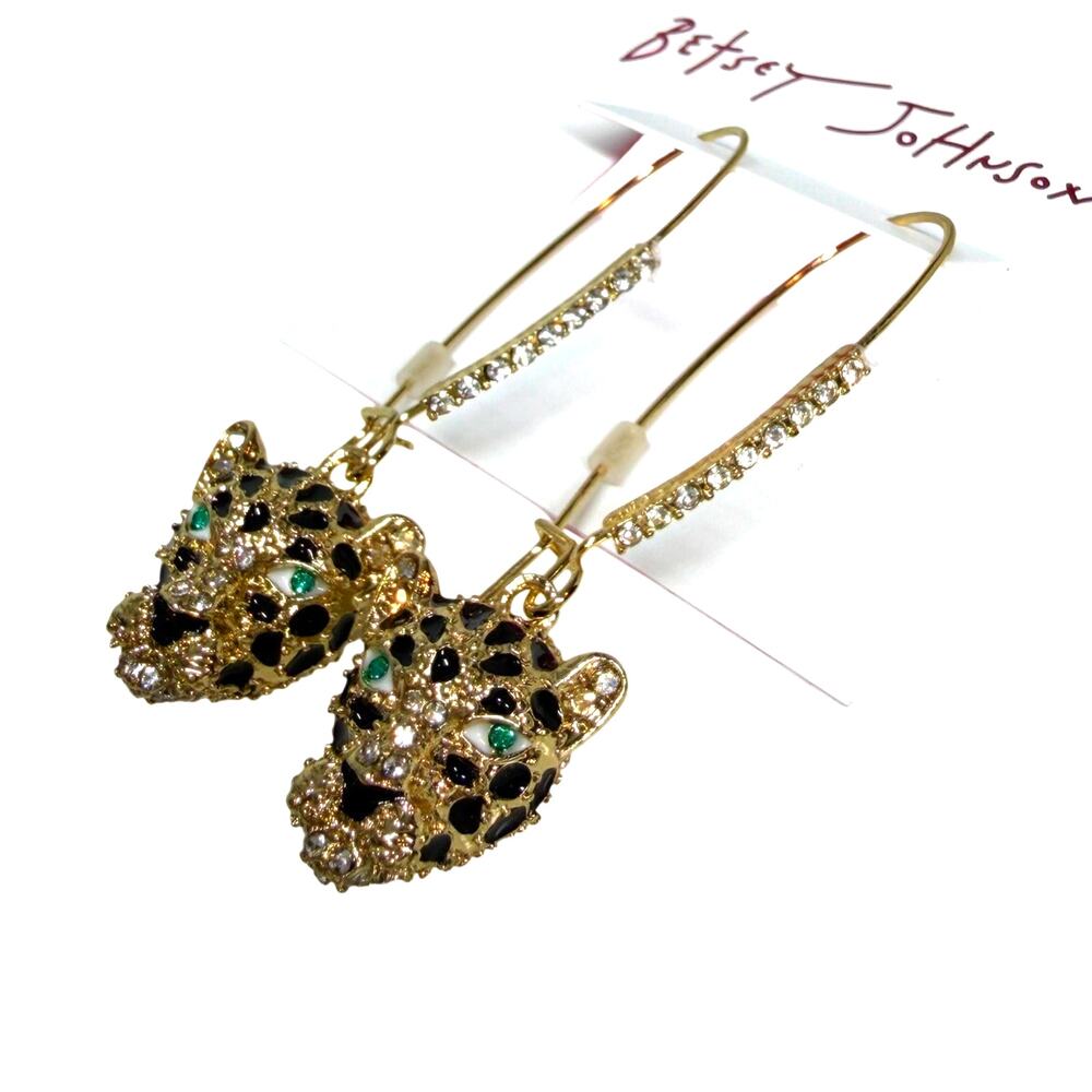 Betsey Johnson Gold-Tone Crystal Leopard Cheetah Drop Earrings NWT